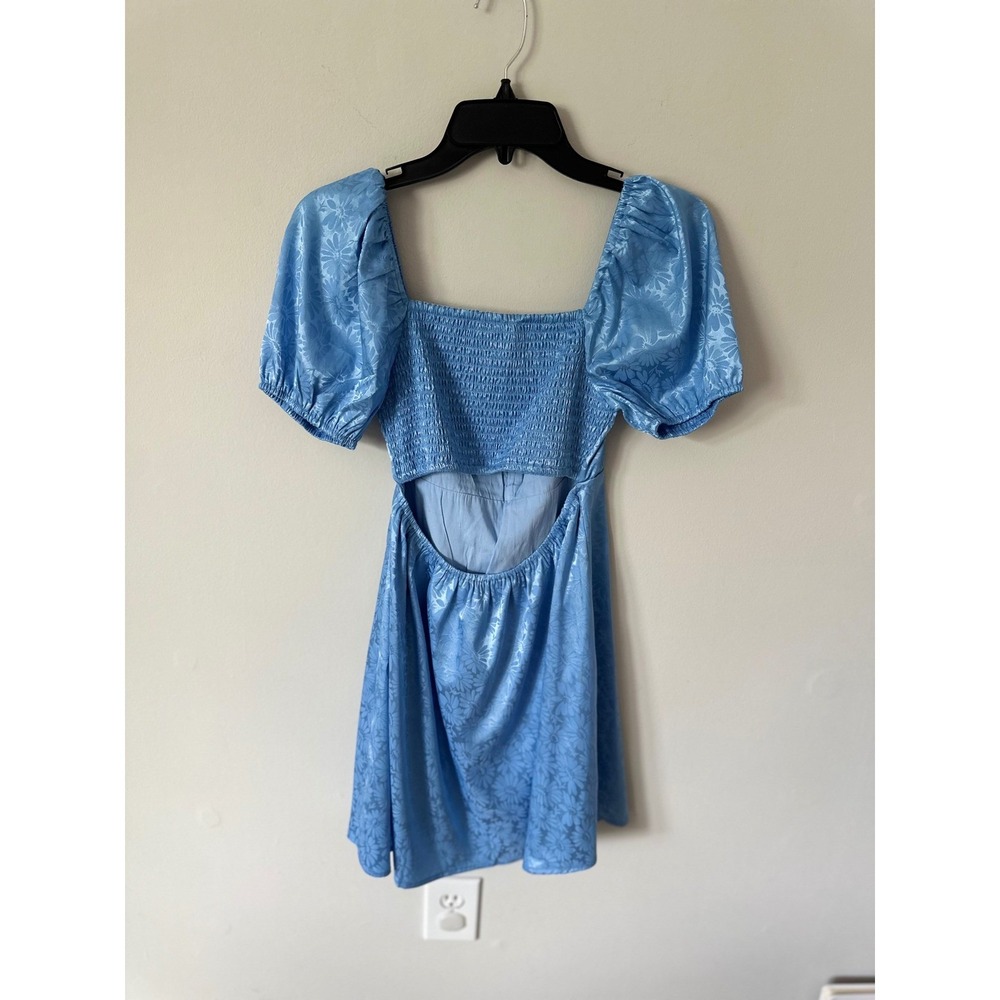 Altar'd State Blue Floral Jacquard Puff Sleeve Cutout Back Mini Dress Small - Picture 4 of 9